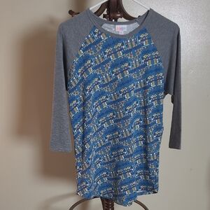 LuLaRoe Blue Patterned Raglan with Gray Sleeves